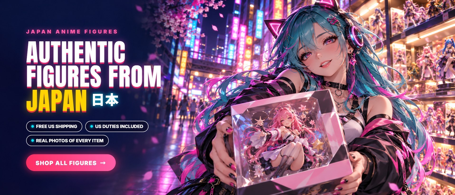 Japan Anime Figures mascot holding a figure box on a neon Akihabara street